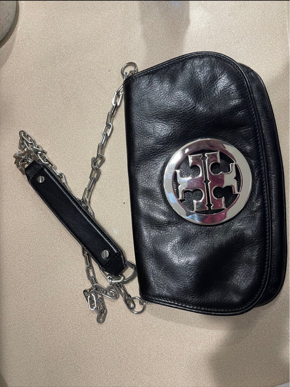 Tory Burch Black Leather Chain Strap Crossbody with Silver Logo